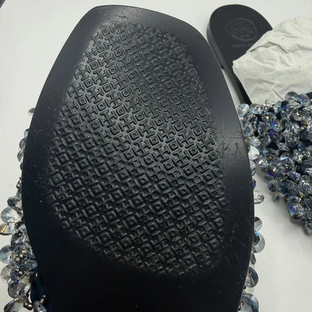 NEW Tory Burch Crystal Embellished Crystal Slide Sandals Navy Black Leather 6M